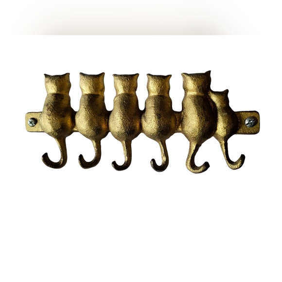 Vintage Gold Tone Brass Cat Wall Hooks Key Hanger